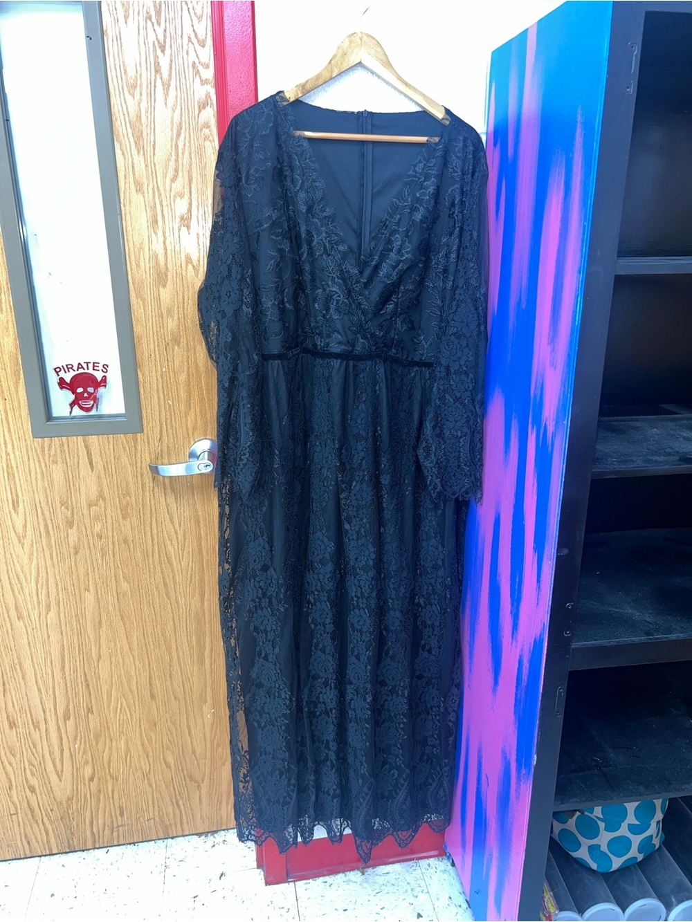Black Lace Maxi Dress with V-Neck and Long Sleeves